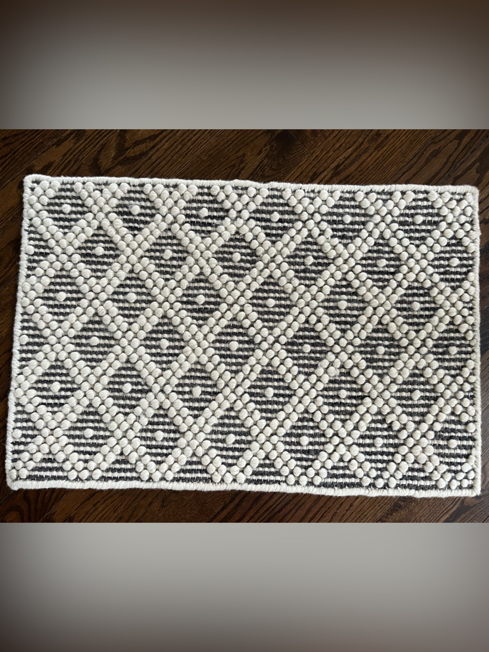 27 inches x 18 inches Textured Geometric Accent Rug in White and Black 100% Wool